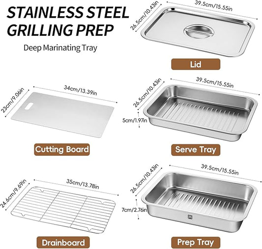 GOLDEN KEY Grilling Prep and Serve Tays,Stainless Steel Grill Carry System,Heat Resistant & Stackable,Grill Prep Trays Set of 5,Marinade Container with Lid and Cutting Board,Grilling Gifts for Men