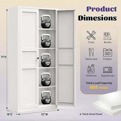 71"Kitchen Pantry Cabinet,White Metal Pantry Cabinet with 2 Doors & 4 Adjustable Shelves,Pantry Cabinets with Gold/Black Handles,Kitchen Cabinet for Dinging Room,Living Room,Assembly Required
