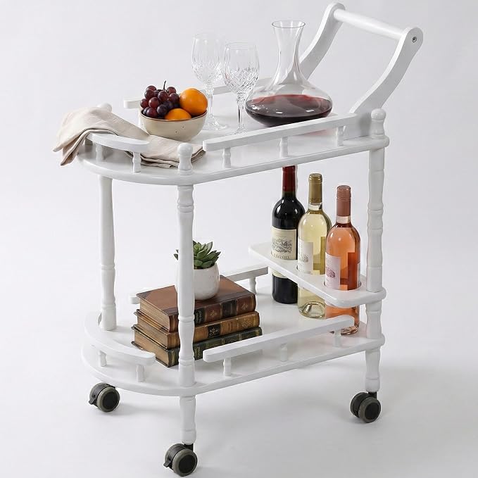 Entertainment Kitchen Cart, Midcentury Modern Imported rubberwood White Finished Wood 2-Tier Mobile Bar Cart Serving Cart