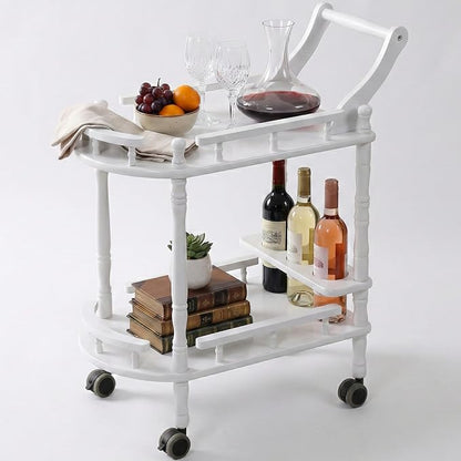 Entertainment Kitchen Cart, Midcentury Modern Imported rubberwood White Finished Wood 2-Tier Mobile Bar Cart Serving Cart