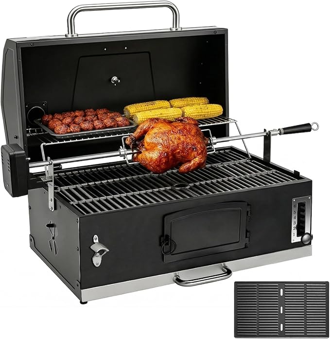 Built In Grill, 29-Inch Oversize Cooking Area Charcoal Grill, Electric rotating grill fork and Height-adjustable Charcoal Trays Outdoor Kitchen,Perfect for Outdoor Patio (Charcoal barbecue grill kit)