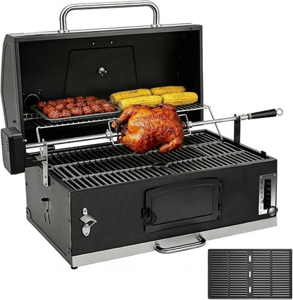 Built In Grill, 29-Inch Oversize Cooking Area Charcoal Grill, Electric rotating grill fork and Height-adjustable Charcoal Trays Outdoor Kitchen,Perfect for Outdoor Patio (Charcoal barbecue grill kit)