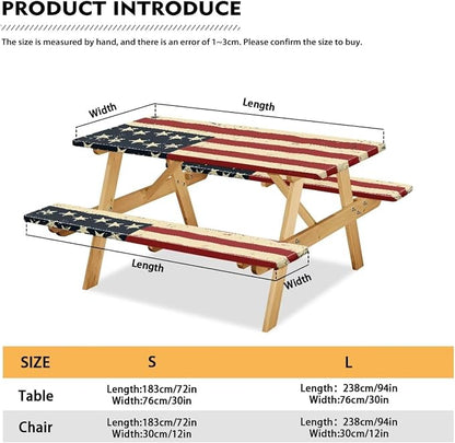 Classic American Flag Picnic Table Cover for Outdoor Camping Patriotism Elastic Fitted Table Cloth for Camping Party Supplies 3 PCS Set