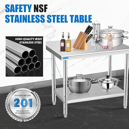 KUARBARR Stainless Steel Table for Prep & Work with Backsplash 24 x 30 Inches NSF Metal Commercial Kitchen Adjustable Under Shelf Worktable for Restaurant Home Outdoor