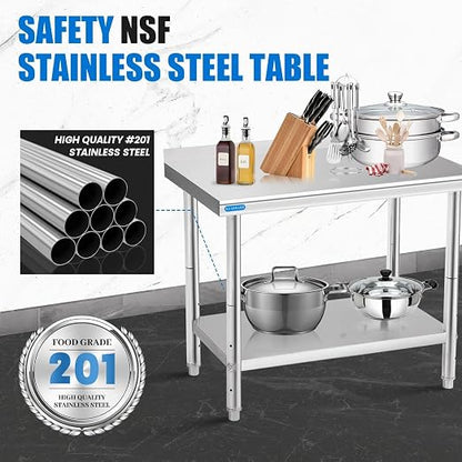 KUARBARR Stainless Steel Table for Prep & Work with Backsplash 24 x 30 Inches NSF Metal Commercial Kitchen Adjustable Under Shelf Worktable for Restaurant Home Outdoor