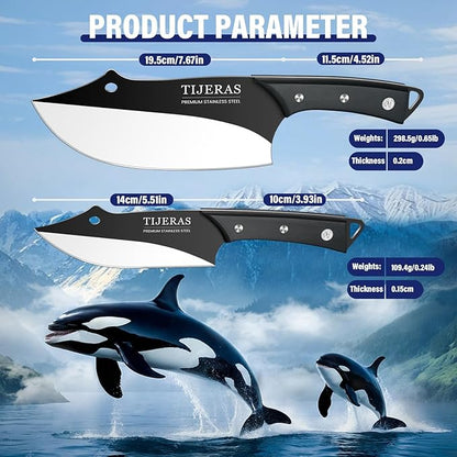 TIJERAS Professional Meat Cleaver Knife, 2-Piece Chefs Knife Set for Meat Cutting with Ergonomic Handle, Birthday Gifts for Men and Women