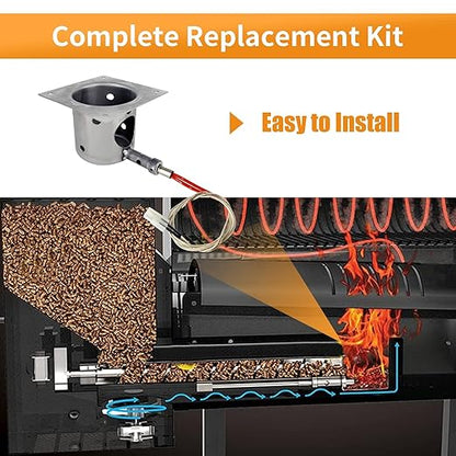 Replacement Fire Pot Burn Pot and Hot Rod Ignitor Kit with Screws and Fuse for Traeger, Pit Boss, Camp Chef, Z-Grills Wood Pellet Grill & Smoker – Heavy Duty 7-Hole Firepot Combo Assembly Parts