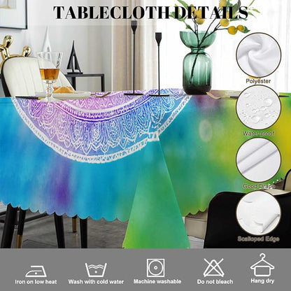 Swono 52x70 Inch Mandala Tablecloth Vintage Mandala Floral Rainbow Tie Dye Farmhouse Dining Table Cloth Anti-Stain Talking Table Cover for Kitchen Dinning Room Coffee Store