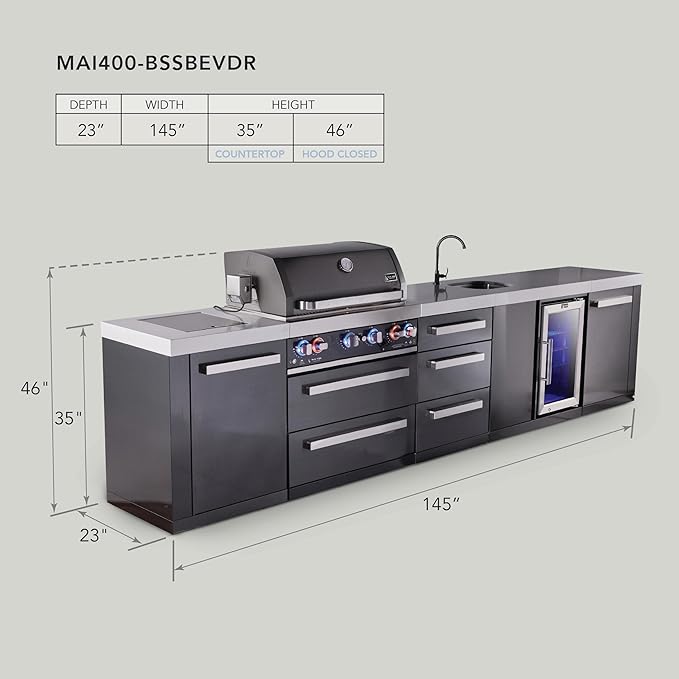 Mont Alpi 145"W x 23"D x 46"H Black Stainless Steel Outdoor Kitchen Island + Fridge Faucet & Sink Combo + 32"W 4-Burner BBQ Grill + Granite Countertops + Storage + Chopping Board + Rotisserie + Cover