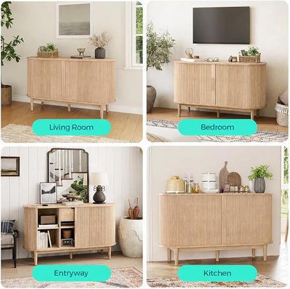LINSY HOME 55" Sideboard Buffet Cabinet,Tambour Sliding Doors & Drawer | Oak Fluted Coffee Bar Cabinet with Large Storage, Mid Century Modern Wood Storage Buffet Table for Kitchen, Living Room