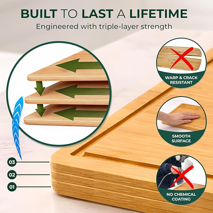 Bamboo Cutting Board Set of 3 – Non-Toxic, Eco-Friendly Bread & Meat Kitchen cutting Boards with Deep Juice Groove & Non-Slip Feet (9x5.9, 12x7.87, 14.96x10)