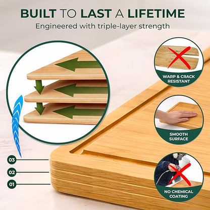 Bamboo Cutting Board Set of 3 – Non-Toxic, Eco-Friendly Bread & Meat Kitchen cutting Boards with Deep Juice Groove & Non-Slip Feet (9x5.9, 12x7.87, 14.96x10)