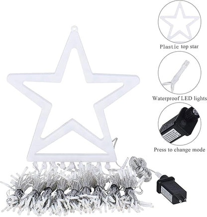 Christmas Decorations Star String Lights, 320 LED Waterfall Tree Lights with 13" Topper Star 8 Lighting Modes Indoor Outdoor Decorative for New Year, Holiday, Wedding, Party