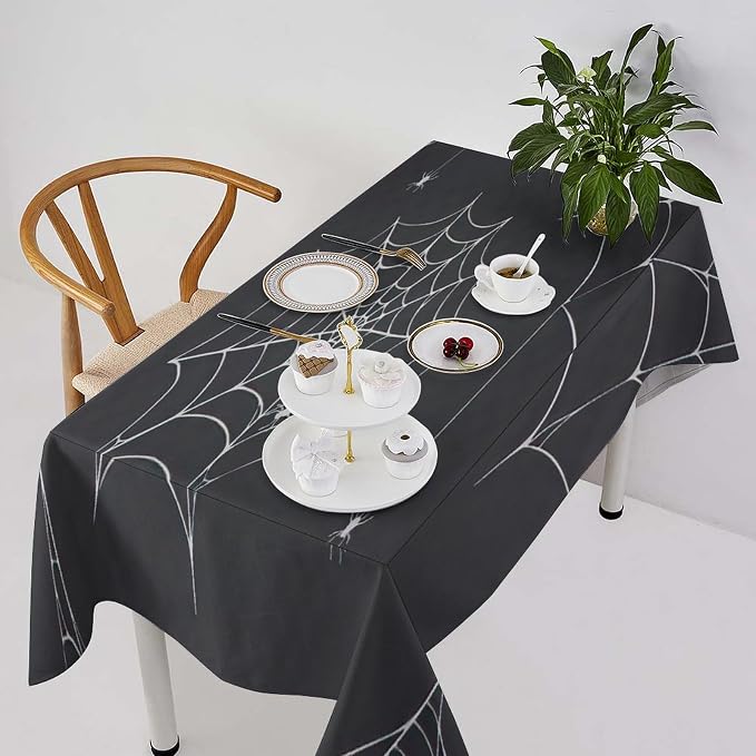 Spider Web Tablecloth, Scary Horror Spider Gothic Ghosts Black Water Resistant Wipeable Table Cover for Picnic Party Holiday Kitchen Dinner Table 60"x90"