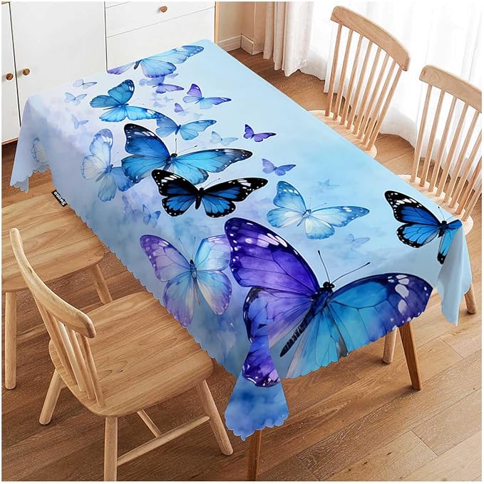 Swono Butterflies Table Cloth Rectangle Tables Nature Butterflies Blue Kitchen Table Cover Oblong 52"X70" Tablecloth for Dining Table Buffet Parties Patio and Camping