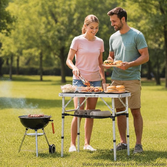 YUFIFAIRY Small Folding Table Portable, 24''L x16''W Foldable Camp Table | Lightweight Aluminum Frame, 3 Adjustable Height 10"/19"/27.5", For Indoor, Outdoor, Cooking, Picnic, Black Table