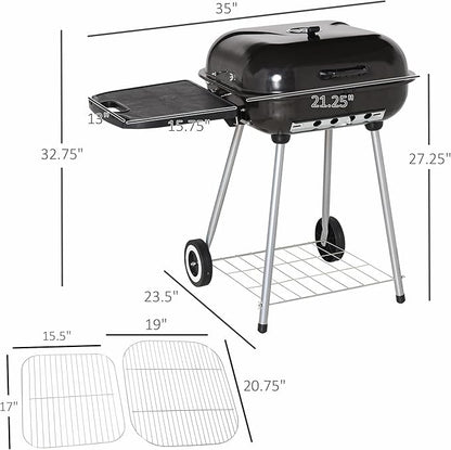 21" Portable Charcoal Grill with Wheels and Bottom Shelf, Outdoor Mini BBQ Grill with Adjustable Vents on Lid for Picnic Camping Backyard Cooking, Black
