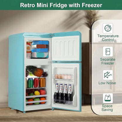 Retro Fridge with Freezer, 3.5 Cu. Ft. Mini Fridge Mint Blue | Small Refrigerator with 7-Level Adjustable Thermostat, Retro Compact Refrigerator 2-Door Fridges for Apartment/Dorm/Office/RV