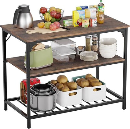 FDW 3-Tier Kitchen Island with Shelves, Modern Style, Sturdy Kitchen Island Table with Storage Shelves, Heavy Duty, Pewter Finish