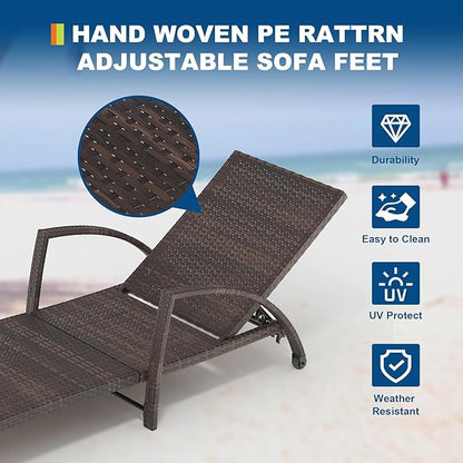 Garvee Outdoor Chaise Lounge Chairs Set of 2, PE Rattan Wicker Patio Lounge Chairs with 5-Position Adjustable Backrest, 3.5" Cushions & Wheels, 380 lbs Capacity Heavy Duty Pool Lounge Chair, Beige