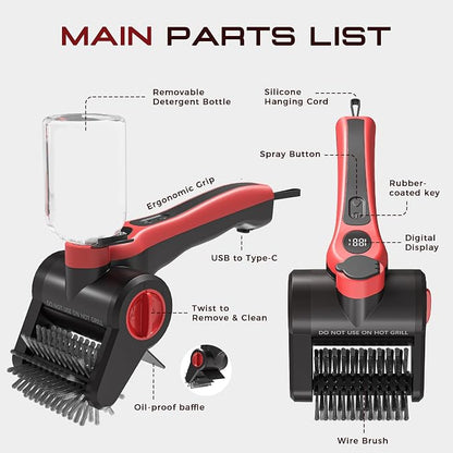 Electric Grill Brush with Water Spray System, Cordless BBQ Grill Cleaner, Rechargeable Power Scrubber for Gas, Charcoal & Pellet Grills, IPX8 Waterproof Grill Cleaning Brush with Scraper & Case