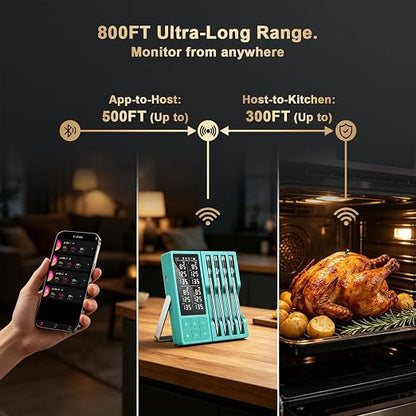 Wireless Meat Thermometer Digital - 800FT Bluetooth Food Thermometer for Cooking, NIST Certified Accuracy, Instant Read Thermometer Standalone Base for Grill BBQ Oven Smoker (Green)