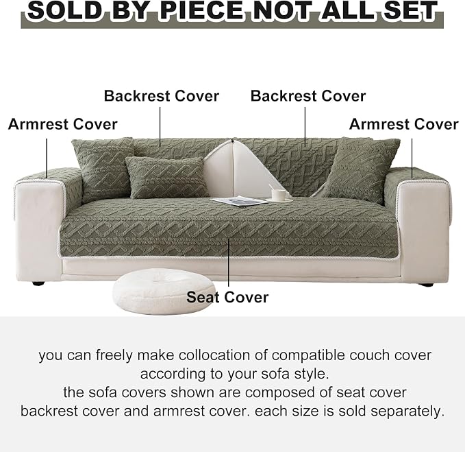vctops Geometric Jacquard Plush Sofa Couch Covers Farmhouse Neutral Non Slip Sectional Couch Cover Soft Warm Sofa Slipcover for Dogs, Children, Pets Furniture Protector (Army Green,28"x70")