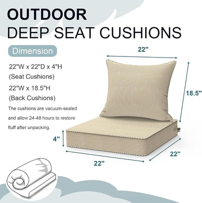 DYTXIII Outdoor Deep Seat Cushion Set, Water Repellent 22"x22" Patio Thick Cushions Replacement with Seat & Back Pillow for Patio Sofa, Wicker Chair, Couch - Stripe Beige