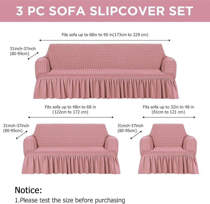 Fanfanwin 3 Pcs Sofa Slipcover Set for Couch Cushion Durable Washable High Elastic Stretchable Furniture Couch Covers with Skirt for Sofa Loveseat Arm Chair(Pink,Seersucker)