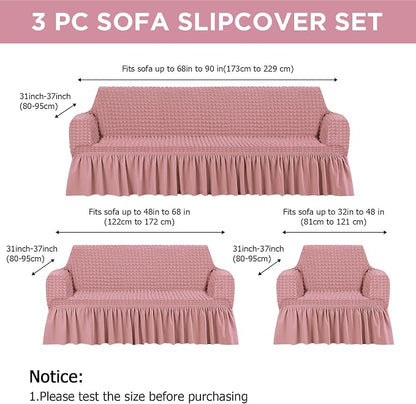 Fanfanwin 3 Pcs Sofa Slipcover Set for Couch Cushion Durable Washable High Elastic Stretchable Furniture Couch Covers with Skirt for Sofa Loveseat Arm Chair(Pink,Seersucker)