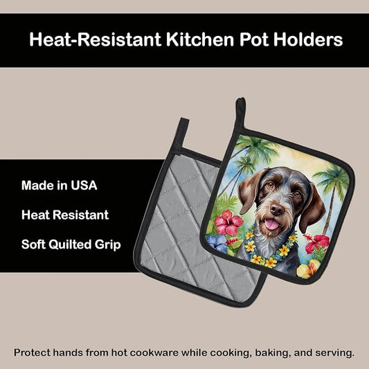 Caroline's Treasures German Wirehaired Pointer Luau Pair of Pot Holders Kitchen Heat Resistant Pot Holders Sets Oven Hot Pads for Cooking Baking BBQ, 7 1/2 x 7 1/2