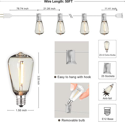 Outdoor String Lights White 50FT Waterproof Patio Lighting for Bistro Cafe | 50FT Connectable White Outdoor Lights, 27 Plastic Dimmable Edison Bulbs for Wedding Porch Garden Gazebo Balcony Deck Yard