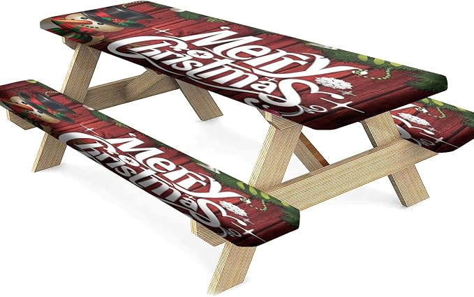 Christmas Picnic Table Cover with Bench Covers, Red Xmas Tree and Snowman Print Elastic Edged Table Cover, 72x28 Inch, Polyester Table Covers for Camping Patio & Picnic Use, Cream, 3 Pieces Set