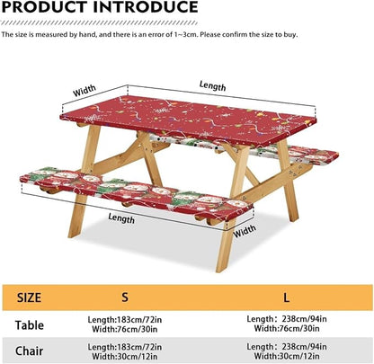 3 PCS Fitted Picnic Table Cover with Bench Cover Fitted Rectangle Tables and Seats Christmas Lights Snowmen Outdoor Picnic Table Cover for Camping