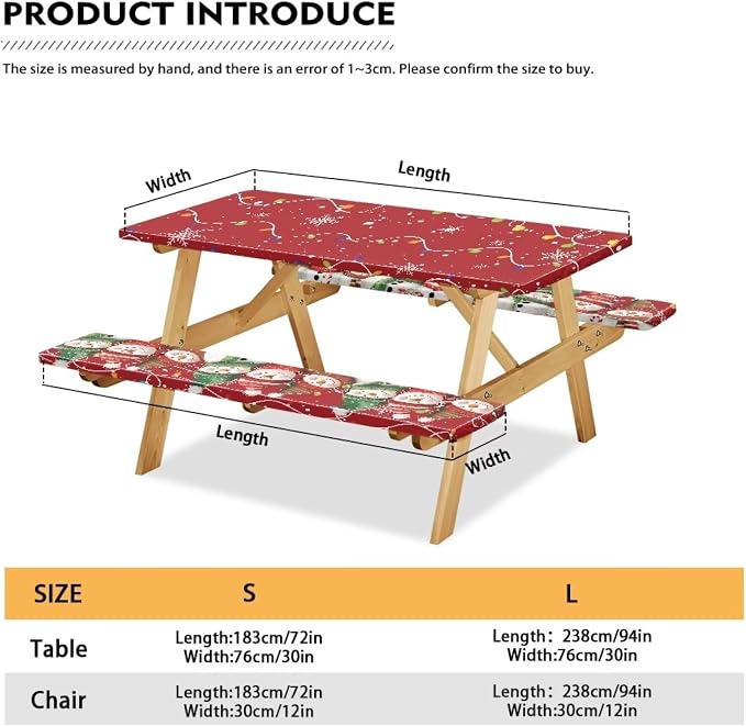 3 PCS Fitted Picnic Table Cover with Bench Cover Fitted Rectangle Tables and Seats Christmas Lights Snowmen Outdoor Picnic Table Cover for Camping