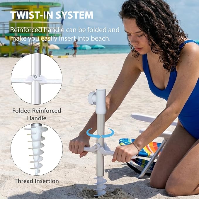 AMMSUN 6.5ft Twice Folded Portable beach umbrella with Sand Anchor Windproof Tilt Pole Air vent UPF 50+ Protection Fits in a large Suitcase Compact For Travel Patio Garden Pool Backyard Sky Blue