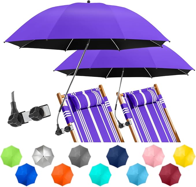 2 PACK Beach Umbrella with Clamp, 360 ° Adjustable Umbrellas for Chair, UPF50+ Umbrella for Beach Chair, Patio Chair, Wheelchair, Camping Chair, Golf Carts (Chair Not Included)