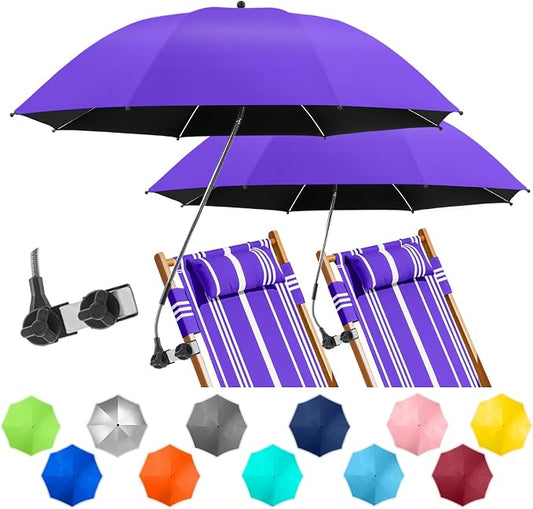 2 PACK Beach Umbrella with Clamp, 360 ° Adjustable Umbrellas for Chair, UPF50+ Umbrella for Beach Chair, Patio Chair, Wheelchair, Camping Chair, Golf Carts (Chair Not Included)