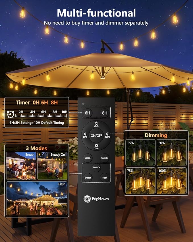 Brightown 202FT Solar String Lights Outdoor Waterproof with Remote, 65+2 LED Shatterproof Bulbs, Dimmable & Timable, 3 Light Modes - Commercial Grade Patio Lights for Garden Backyard Party Decor