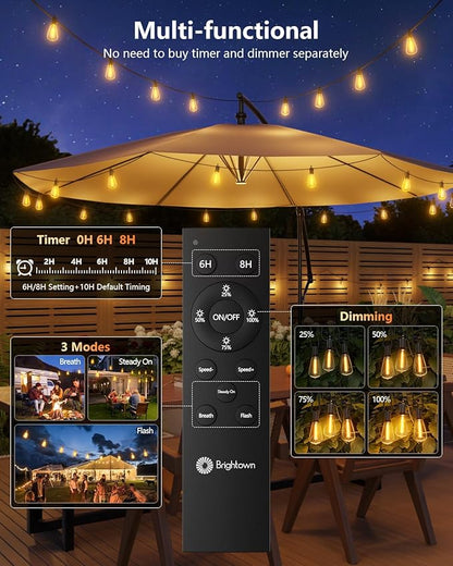 Brightown 202FT Solar String Lights Outdoor Waterproof with Remote, 65+2 LED Shatterproof Bulbs, Dimmable & Timable, 3 Light Modes - Commercial Grade Patio Lights for Garden Backyard Party Decor