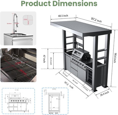 97" Stainless Steel Outdoor Kitchen Island with 4-Burner 72000 BTU,Natural Gas Grill with Side Burner,Rotisserie Oven,Refrigerator,Galvanized Steel Roof,Granite Countertops,Sink.(Natural Gas)