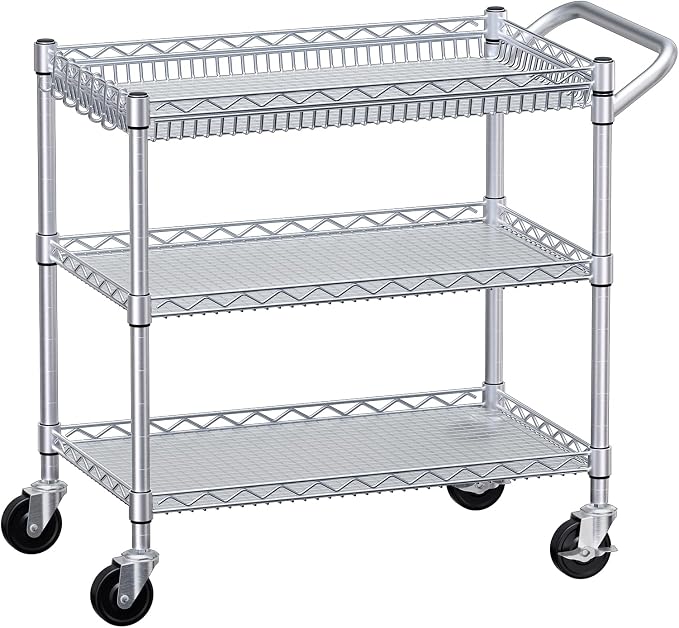 990Lbs Capacity Heavy Duty Rolling Utility Cart, NSF Rolling Carts with Wheels,Commercial Grade Metal Cart with Handle Bar & Shelf Liner,Trolley Serving Cart for Kitchen,Restaurant,Silver
