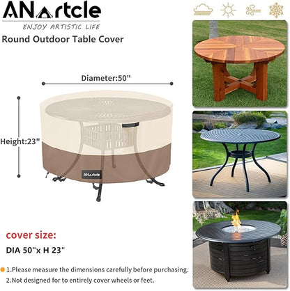 ANartcle Round Patio Table Covers 50inch,100% Waterproof 600D Heavy Duty PatioTable Cover,Round Patio Table Covers for Outdoor Furniture,50"DIA x 23"H,Beige&brown.