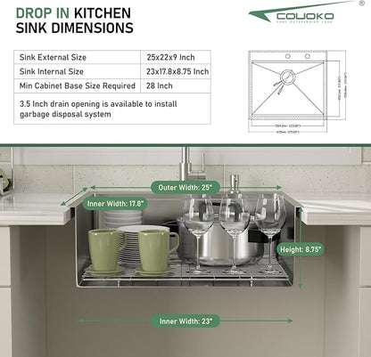 Drop In Kitchen Sink with Faucet Combo 25x22 Drop In 16 Gauge Stainlee Steel Single Bowl Workstation Kitchen Sinks Large Deep Round Corner Handmade Overmount Topmount Sink Basin