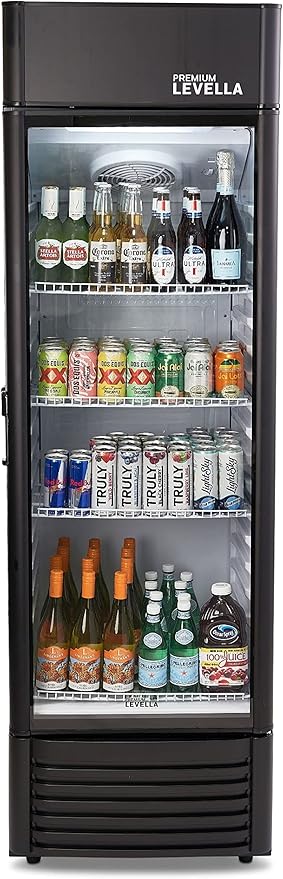 PremiumLevella PRF1257DX Glass Door Display Refrigerator 12.5 cu ft Commercial Beverage Cooler Merchandiser With Customizable Lightbox - Black