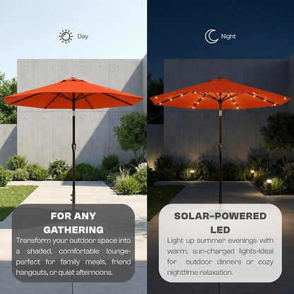 10FT Solar Lighted Patio Umbrella, Outdoor Table Market Umbrellas with Push Button Tilt and Crank, 32 LED Lights, 8 Sturdy Ribs, UV-Resistant for Deck, Garden, Pool