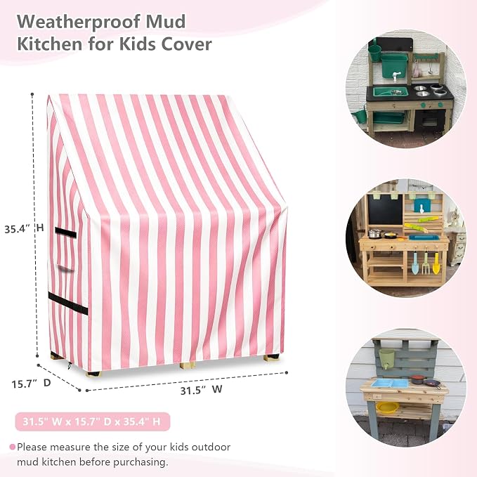 Kids Outdoor Mud Kitchen Cover,Heavy Duty Waterproof & Anti-UV Dustproof Outdoor Wooden Play Kitchen Covers,31.5" W x 15.7" D x 35.4" H, Pink, Cover Only
