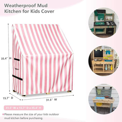 Kids Outdoor Mud Kitchen Cover,Heavy Duty Waterproof & Anti-UV Dustproof Outdoor Wooden Play Kitchen Covers,31.5" W x 15.7" D x 35.4" H, Pink, Cover Only