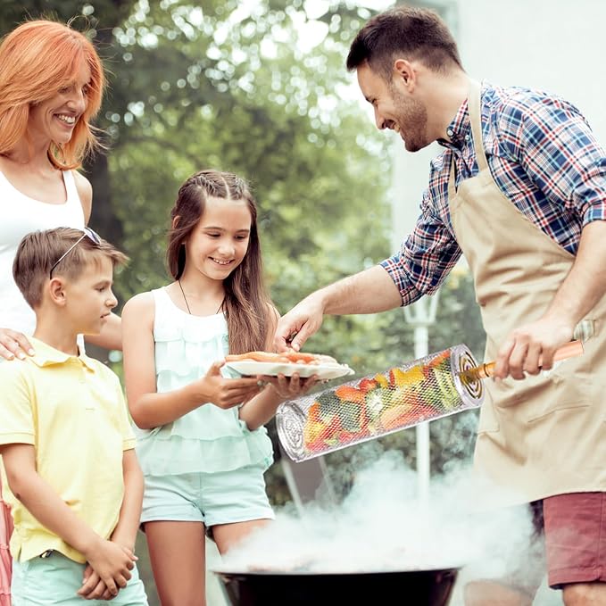 Rolling Grill Basket,Grill Baskets for Outdoor Grill,BarBecue Accessories for Vegetables & Shrimp,304 Stainless Steel, Unique Gift for Dad or Husband