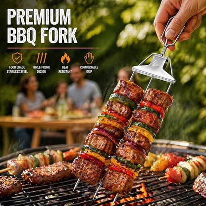 3 Prong BBQ Skewers for Grilling, 14.7 Inch Stainless Steel Kabob Skewers with Push Slider Bar, Reusable Metal Grill Skewers for Meat,Vegetables, Outdoor Barbecue Accessories (1 Fork + 1 Bag)